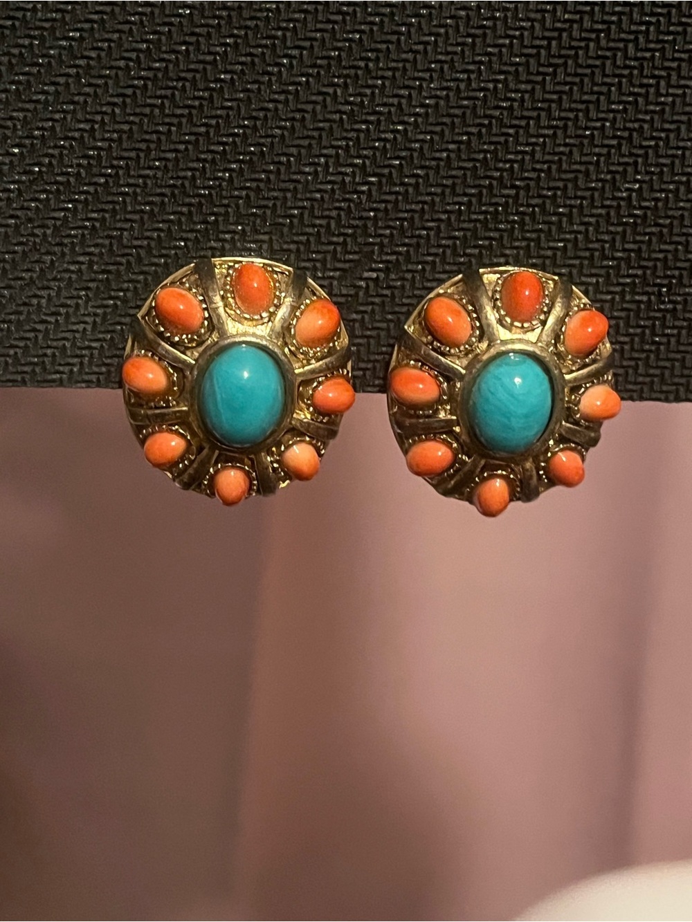 Turquoise & Coral Sunburst Gold-tone Clip-on Earrings